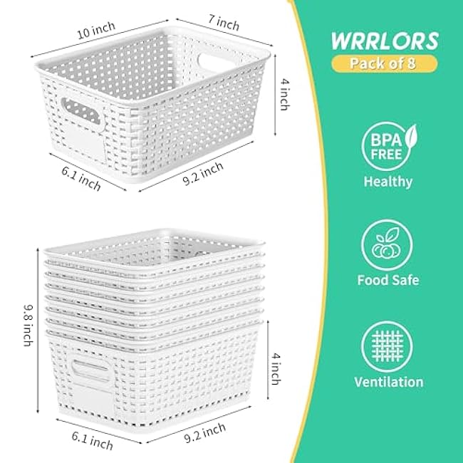 8-Pack White Plastic Storage Baskets with Lids, Label Organizers, Stackable Organizer Containers: For Organizing Shelves, Drawers, Desk Closets, Playrooms, Classrooms, Offices