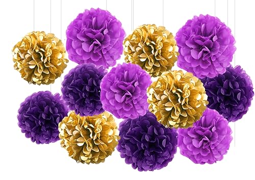 Image of XIKSXITN 12 pc Purple Gold Paper Pom Poms - Hanging Paper Flowers for Party Decoration (10&12 inch)