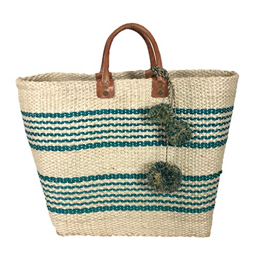 Bolso tote de mercado MAR Y SOL Natural Aqua con rayas, bolso playero tejido a mano de sisal y hierba marina con pompones, bolso de rafia de apertura superior con bolsillo interior miniatura 1