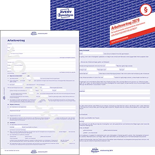 Avery Zweckform 2879-5 Arbeitsvertrag für kaufmännische und gewerbliche Arbeitnehmer (Vertrag Muster, 3-seitiges Formular in DIN A4, selbstdurchschreibend mit Durchschlag) 5 Stück blau