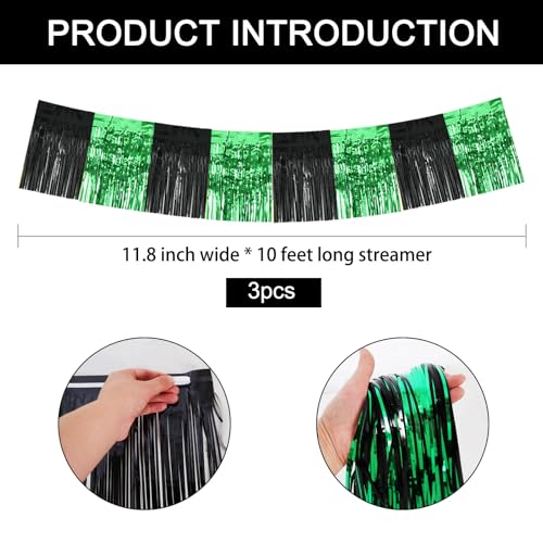 Image of BEISHIDA 3 Packs Metallic Foil Fringe Garland Black Green Wall Hanging Tinsel Fringe Banners for Car Floats Bridal Shower Wedding Birthday Graduation Holiday Party Decoration(30 Feet)