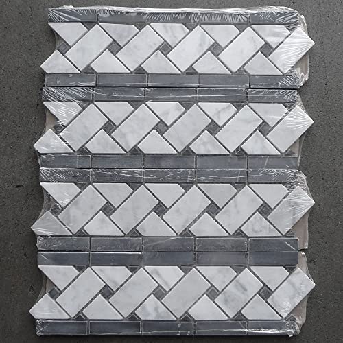 Stone Center Online Carrara White Marble 4x12 Basketweave Mosaic Border w/Nero Marquina Black Dots Honed Kitchen Bath Wall Floor Backsplash Shower (1 Sheet)