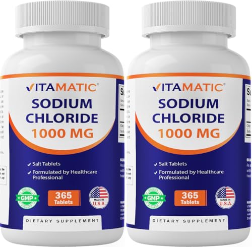 Vitamatic Sodium Chloride 1000mg 365 Tablets -2 Bottles Electrolyte Replenisher & Hydration Support Non-GMO Gluten-Free