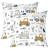Construction Throw Pillow Covers for Couch Sofa Bed,Set of 2 Cartoon Equipment Trucks Decorative Pillows Cushion Covers,Car Excavator Tractor Vehicles White Pillow Inserts Not Included,16x16 inch