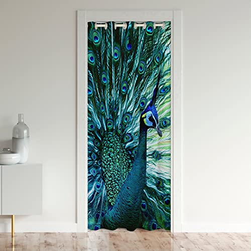 Peacock Door Curtain for Doorway Privacy 106x203cm Animal Theme Closet Door Cover Curtain for Bedroom Peacock Feathers Design Green Blue Natural Style 30%-50% Room Darkening Blackout Curtain