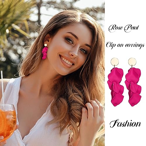 Subiceto 4 Pairs Clip Earrings for Women Hot Pink Heart Dangle Drop Earrings Rhinestone Geometric Statement Earrings Long Rose PetalTassel Earring Non Piercing Earrings Set3