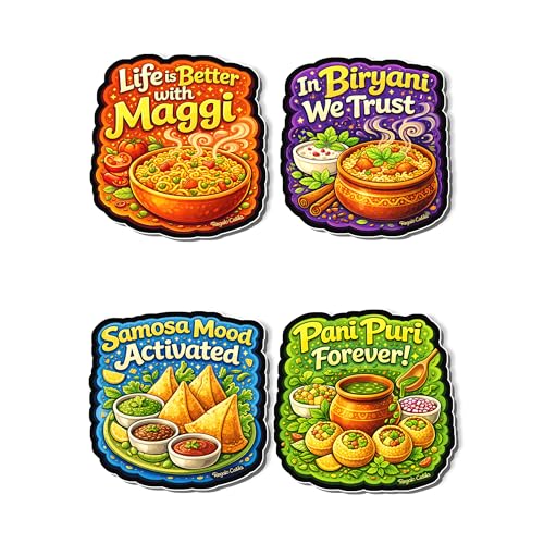 Image of Regalo Casila Indian Food Quotes Fridge Magnet 4 Pc Set Tourism Souvenir Wooden Travel Magnet Maggi Biryani Samosa Pani Puri Refrigerator Magnet Decorative Kitchen Decor Gift