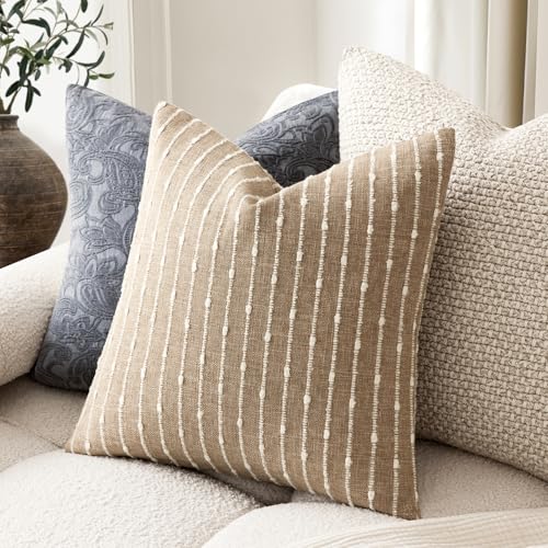 Image of Foindtower Pack of 2 Decorative Jacquard Boucle Throw Pillow Covers Accent Textured Striped Pillowcases Cozy Modern Cushion for Couch Sofa Bedroom Living Room Home Decor 18x18 Inch Camel