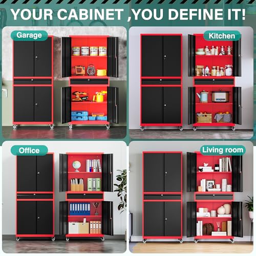 Image of SISESOL Metal Storage Cabinet with Wheels and Drawer,Rolling Garage Storage Cabinet with Lock,Black Red Metal Cabinets with Wheel,73 inch Mobile Tall Tool Cabinets on Wheel for Home,Office,Garage,Shop