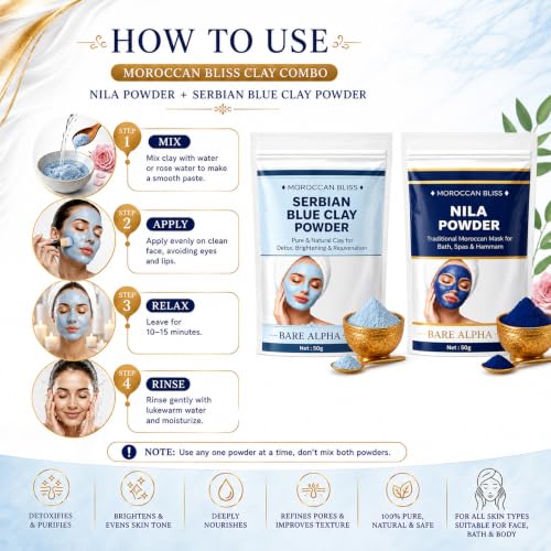 Image of Moroccan Nila Powder For Face - 100% Natural Blue Powder for Skin Brightening, Tan Removal & Detox | Traditional Moroccan Hammam Beauty Treatment For Face & Body Care (50g + 50g (Nila + Serbian))