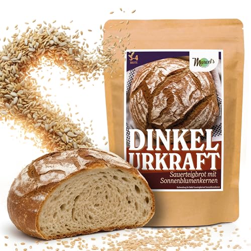 Marcel's Brotbackmischung Dinkel Urkraft (1200g - für 3-4 Brote) – 100% Sauerteigbrot mit Urgetreide & Sonnenblumenkernen | Zubereitet in 1 Minute| Mild, Vegan & natürlich | Ohne Weizenmehl