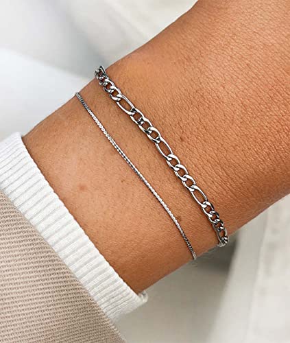 Honsny 6PCS Stainless Steel Bracelets for Women Men,14K Gold Plated Cuban Link Paperclip Chain Bracelet Dainty 6.3/7/7.8/9.5 Inch Stainless Steel Bracelet Set Fashion Jewelry3