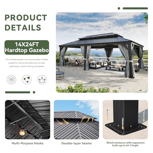 Image of Aoxun 14' X 24' Aluminum Gazebo with Drainage System, Netting, Grey | Hardtop Outdoor Gazebo with Galvanized Steel Double Roof, Patio Permanent Metal Pavilion, for Garden, Deck, Pool