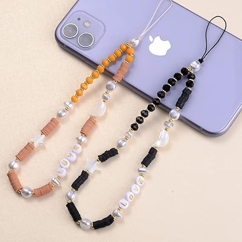 Sysuii Beaded Phone Lanyard Wrist Strap,Kawaii Love Heart Letters Star Moon Beaded Phone Charm Colorful Rainbow Phone Chain Strap For Women Girl Pearl Bracelet Keychain Cute Phone Decoration,White #TOP3
