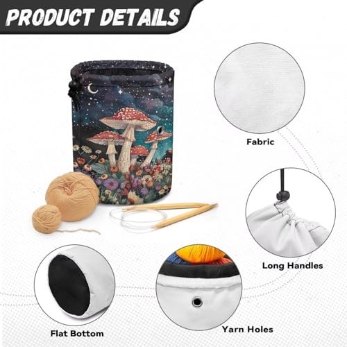 Image of Sellikakes Mushroom Floral Yarn Bag with Drawstring, Yarn Holder Crocheting Storage Basket Organizer Crochet Holder for Crocheting Project Store Skein Ball