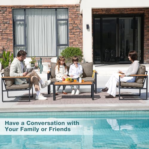 Image of Patio Furniture Set, 4 Pieces Outdoor Patio Furniture with Coffee Table Set, Metal Patio Conversation Sets with Washable and High-Resiliency Sponge Cushions,Coffee