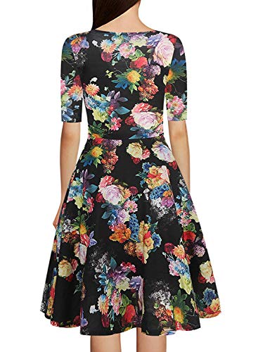 Oxiuly Women's Criss-Cross Necklines V-Neck 1/2 Sleeve Floral Casual Work Party Stretch Swing Fall Dress Ox233 (L, Black F5) #TOP1