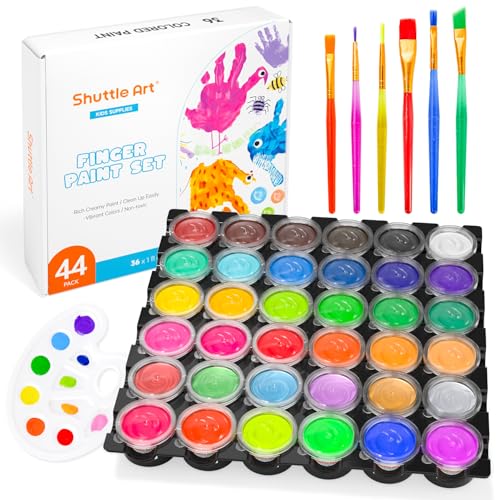 Shuttle Art 44PCS Pintura de Dedos para Niños Lavable, 36 Colores (30ml) Pintura Dedos Bebe, con Pinceles Bloc Papel Paleta, Kit de Pintura para Dedos para Educación Preescolar