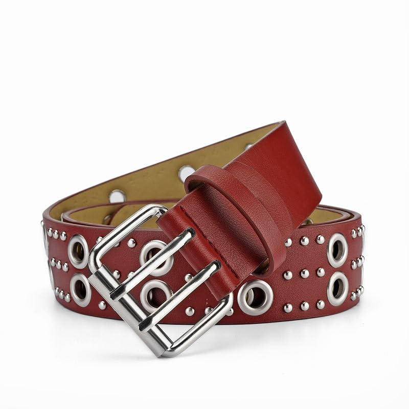Y2k Punk Studded Leather Belt for Women Men Goth Emo Grunge Rock Double Buckle Belt Western Jean Clothes Accessories3