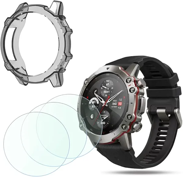 FCMEDZI Smart Watch Protective Case and Film Compatible for Amazfit Falcon, Tempered Glass Screen Protector and Silicone Soft Frame Cover (Pack of 3+1) (transparently black)