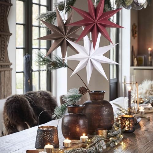 Image of SUNBEAUTY 3 Pcs 9-Pointed Brown Burgundy White Paper Star Lanterns 12 Inch Christmas Hanging Lamp Rustic Paper Decorations Shade Wedding Birthday Christmas Home Party Decorations