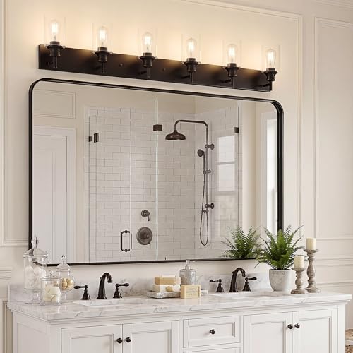 Image of 6 Light Bathroom Vanity Lights - Black Bathroom Lighting Fixtures Over Mirror with Clear Glass Shades, Modern Farmhouse Wall Sconces Lighting Vanity Fixture