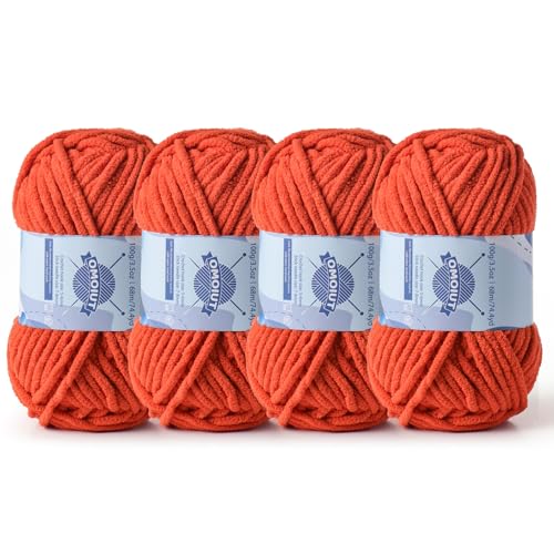 Image of 4 Pack Chunky Chenille Yarn for Crocheting, Baby Yarn for Crocheting Soft Blankets, Bulky Yarns for Crochet Amigurumi, 400g (297yds) Fluffy Velvet Yarns for Hand Knitting (4 Orange)