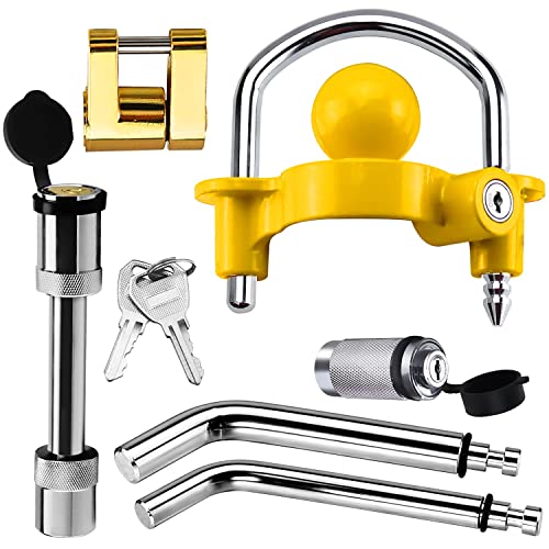 Trailer Hitch Security Lock Set Including Yellow U-Shaped Universal Ball Hitch Lock #72783, 1/2" And 5/8" Receiver Hitch Pin Lock, Golden Trailer Hitch Lock Coupler Locking Pin, Share The Same 2 Keys #TOP7