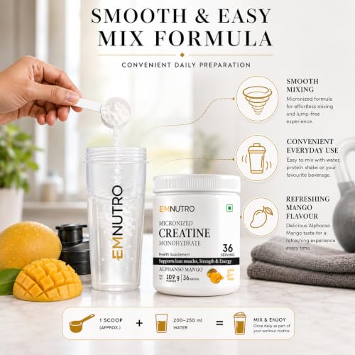 Image of Creatine Monohydrate Micronized Powder, Alphonso Mango Flavour, 109 g | Easy Mix Creatine Supplement for Men & Women | Pre & Post Workout | Gym & Fitness Supplement