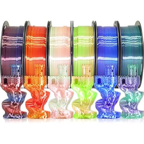 MIKA3D Mixed 6 Spools Fast 2 Color Change 3D Printer Filament Bundle, It Packed with 6 Beautiful Color Change Silk PLA Filament, Each Spool 250g, 6 Spools, Total 1.5kg Silk PLA Bundle 250g X 6 Cover