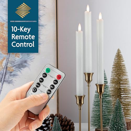 Flameless Taper Candles with Remote, Real Wax Battery Operated LED Candles Set with 3D Flickering Flame, 9.6 Realistic Dripless Candlesticks for Wedding Home Decor, 3 Pack White