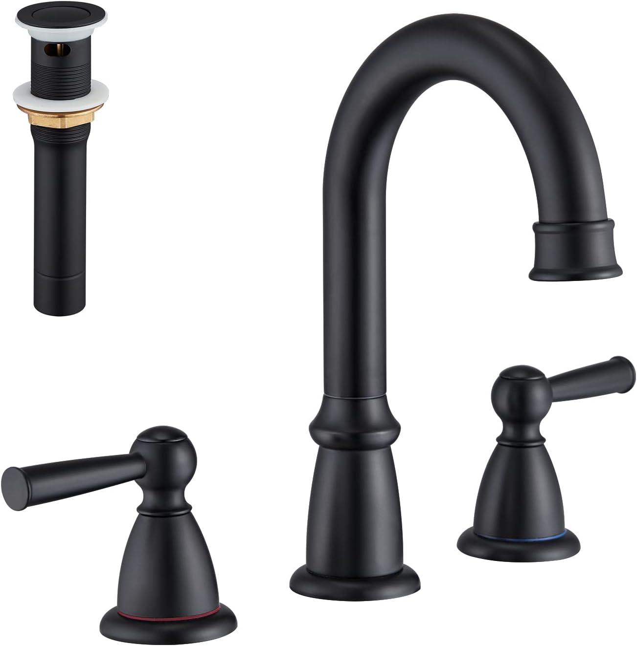 Color Black Widespread Bathroom Faucet Black 3 Hole Sink Faucet 8 inch with Pop Up Drain 2 Handle 4 inch Faucets for Vanity Lavatory Basin Restroom Bath Sink