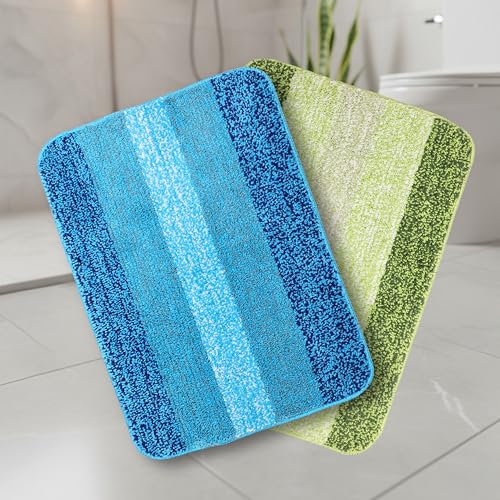 Image of Saral Home Microfiber Striped Rectangle Shaped Anti-Skid Bath Mats | Soft & Super Absorbent Mats for Shower | Washable, Non-Slip & Quick-Drying Mats, 50X70 CM | Set of 2(Turquoise & Green)