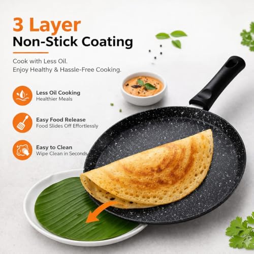 Image of Non Stick Granite Dosa Tawa for Gas Stove | Flat Roti Chapati Tawa Pan | Heavy Duty Pancake & Crepe Pan with Handle | Ideal for Dosa, Uttapam, Paratha & Breakfast Cooking