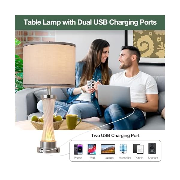 3-Way Dimmable Table Lamp Set of 2,Touch Control Lamp with Night Light,Modern Crystal Table Lamps for Bedroom,Living Room，Bedside Lamps with USB A+C Ports，Fabric Lampshade(Blubs Included) - Image 5