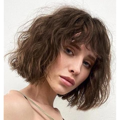 LANOVA Medium Brown Short Wig with Bangs, Loose Curly Brown Hair Syenthetic Wig 10 inch LANOVA-134-7 Cover