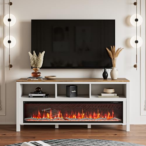 BVIUNTWO Fireplace TV Stand for TVs Up to 70 Inch,Farmhouse Entertainment Center with 60" Electric Fireplace,White TV Console with Open Storage Cabinets for Living Room,Bedroom