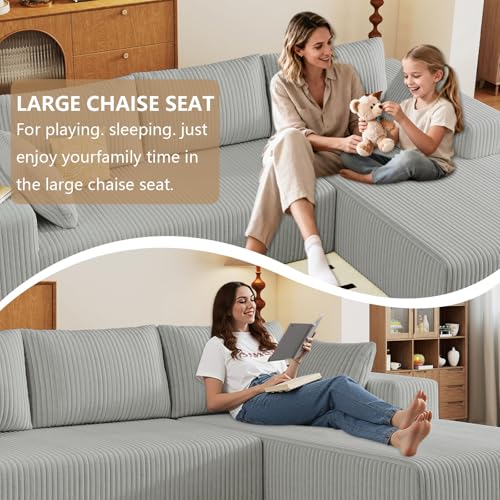 Image of 96 inch Modular Sectional Couch, Boneless L Shaped Cloud Sofa with Chaise Lounge, Corduroy Upholstered Couches Memory Foam Deep Seat, No Assembly Required, Ideal for Living Room(Light Gray, Right Facing)