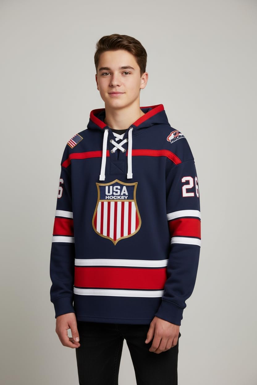 US Hockey Shield Logo Official Embroidered Navy Lace Hoodie - Officially Licensed Apparel - Youth Small