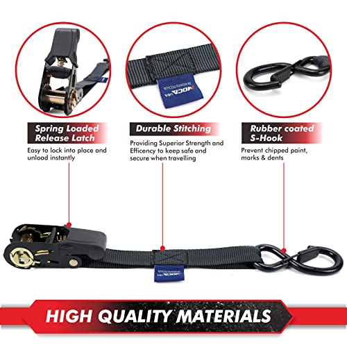 Moca Ratchet Tie Down Straps -1950Lb Max Breaking Strength, Includes (4) 1" X 16' Rachet Tiedowns With Padded Handles & Coated S Hooks W/Safety Clips & 4 Soft Loop Tie-Downs #TOP2