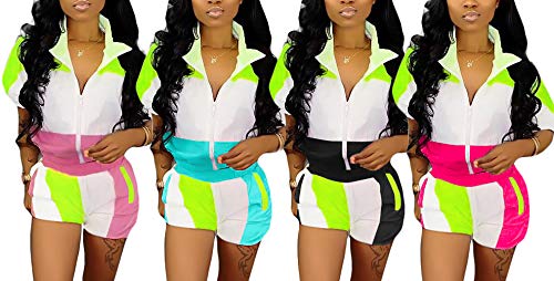 Voikerdr Summer Windbreaker Short Sleeve Colorblock Zipper Up Tops And Striped Short Pants Tracksuit Set Rose S #TOP3