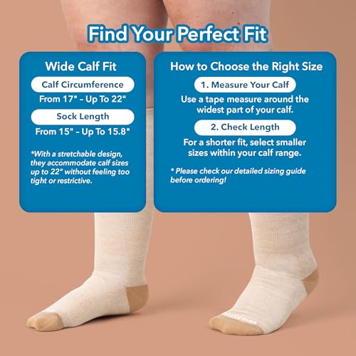 Image of Wellow Wide Calf Compression Socks for Men & Women, 18-25 mmHg Made with Viscose from Bamboo, Nurses & Pregnancy Support, Relieves Swelling, Knee High, LR, Sesame - Twist