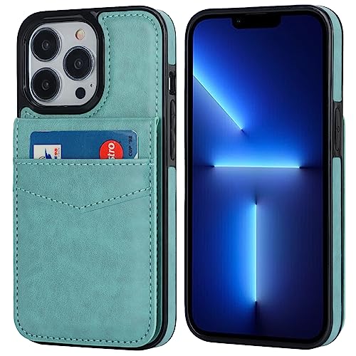 Image of KIHUWEY Compatible with iPhone 13 Pro Case Wallet with Credit Card Holder, Premium Leather Magnetic Clasp Kickstand Heavy Duty Protective Cover for iPhone 13 Pro 6.1 inch(Mint Green)
