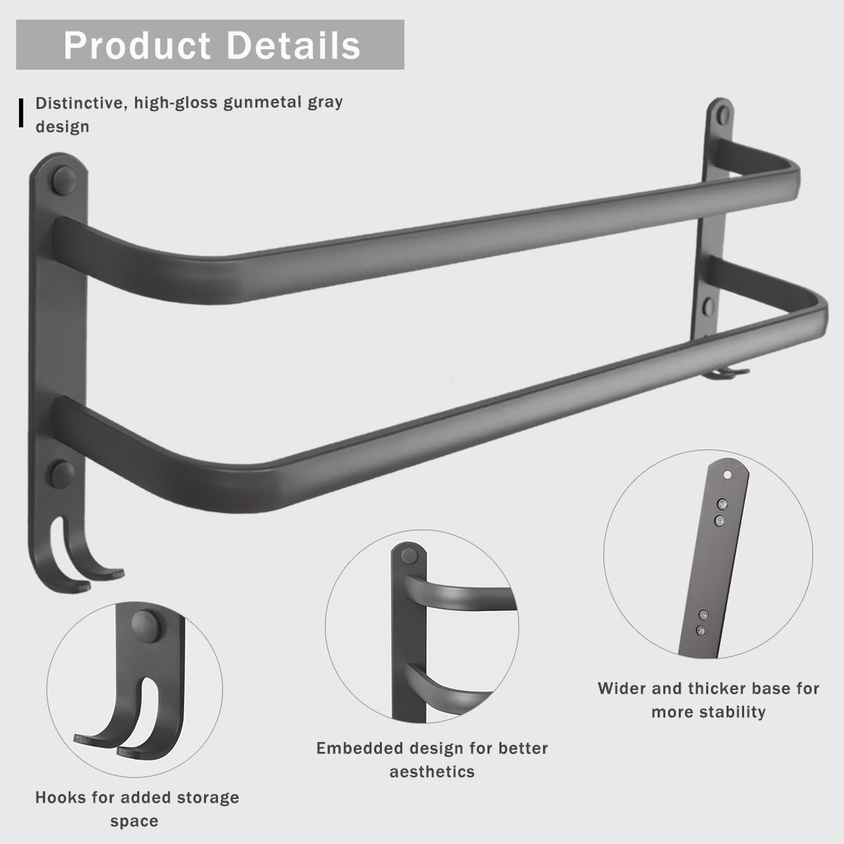 Handdoekstang, zwart, 60 cm, mat zonder boren/boren, handdoekhouder, badkamer, dubbele aluminium badhanddoekhouder, wandmontage, stangen voor keuken, toilet (15 kg
