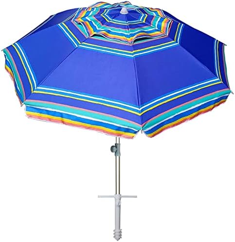 AMMSUN 7ft Beach Umbrella with Sand Anchor Sand Screw, Tilt, Windproof, Sun Protection,UPF 50+ Silver Coating Inside and Telescoping Pole for Outdoor Patio