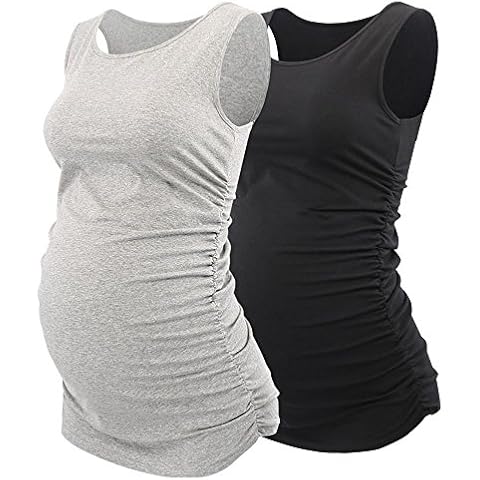Pregnant Maternity Top, ZUMIY Nursing Breastfeeding Top, Women's Cotton Round Neck Ruched Waist Maternity Cami Shirt Black+grey/2-pk XL/ XXL Cover