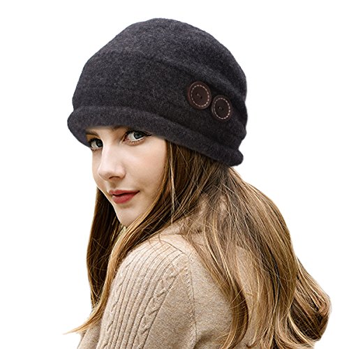 Lawliet New Womens 100% Wool Slouchy Wrinkle Button Winter Bucket Cloche Hat T178 (Dark Gray)