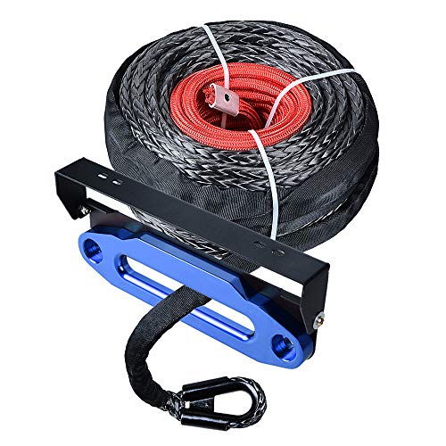 amopacorp Black 95 feet x 3/8 inch Synthetic Winch Rope Guard and 10 inch Blue Hawse Fairlead with 254mm Flip-Up License Plate Holder Kit
