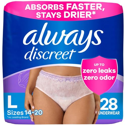Image of Always Discreet Adult Incontinence Underwear for Women and Postpartum Underwear, Large, Up to 100% Bladder Leak Protection, 28 Count