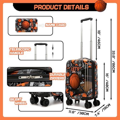 Image of Kid's Luggage Set 2 Piece Suitcase Set 16'' Hardside Luggage with Spinner Wheels Girls Boys Carry on Toddler Luggage Travel Rolling Luggage Carry on Luggage Airline Approved Basketball